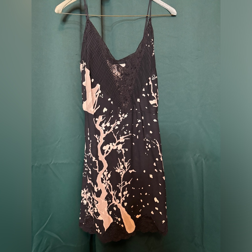 Yaya 100% Silk Black Slipdress with Cherry Blossom Print Size Medium